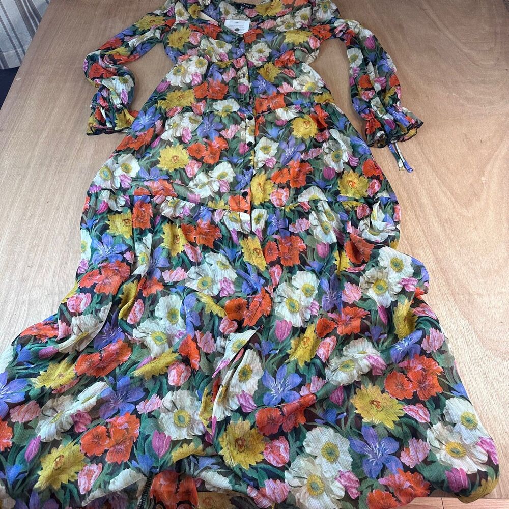 Aakaa Fall Floral Maxi Dress XS Sheer Tiered Long Sleeve Boho Cottagecore